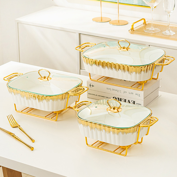 Luxury Hotel &amp; Restaurant Serving Dishes Ceramic Casserole Hotpot Food Warmer for Catering