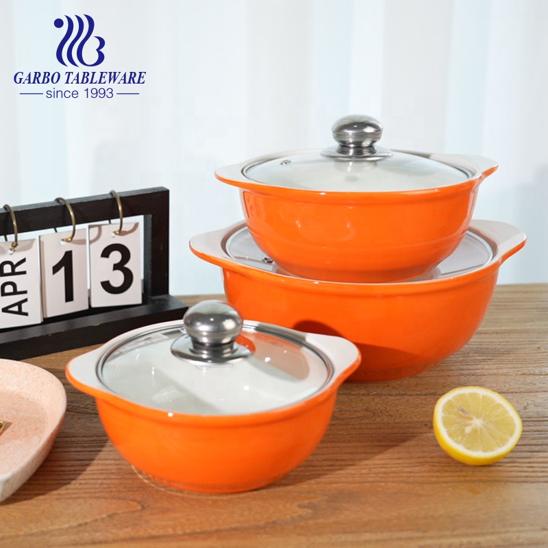Ceramic Baking Bowl with Handle Glass Lid Covered Baking Casserole Dish Set Durable Porcelain Pan Round Cookware Casserole