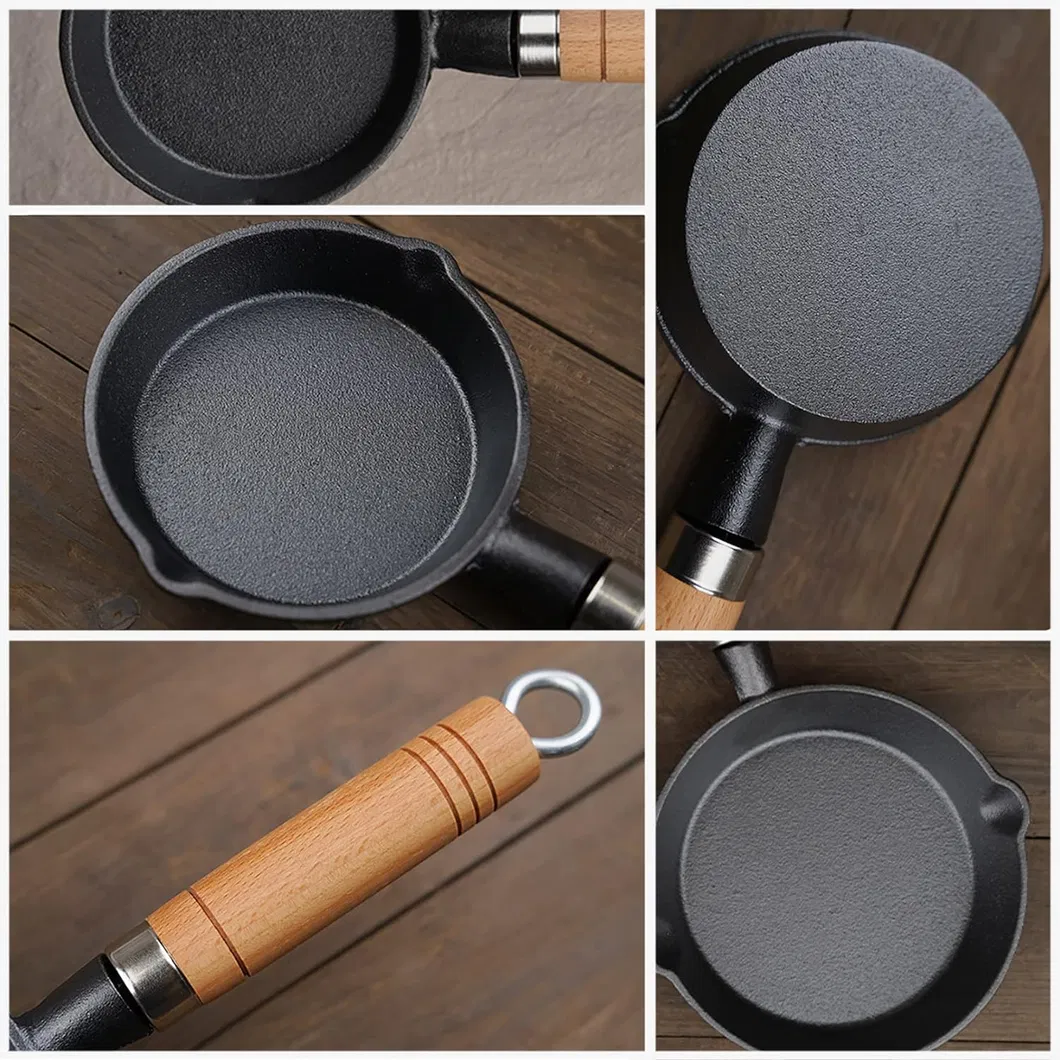Small Oil Pan Mini Cast Iron Frying Pan Non-Stick Fried Egg Dumpling Pre-Seasoned Saucepan Wooden Handle