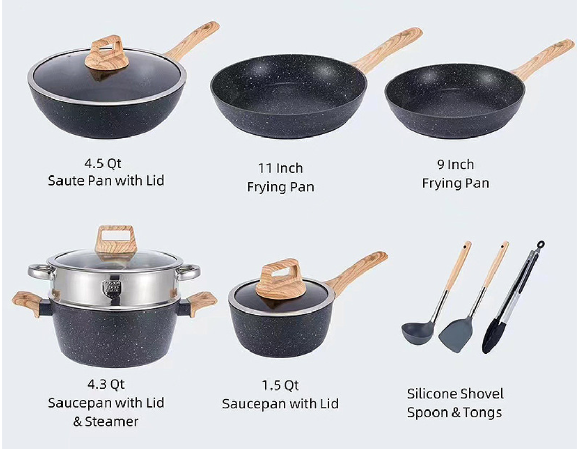 Modern Eco-Friendly 12-Piece Granite Kitchen Cookware Set Dishwasher &amp; Oven Safe Cast Aluminum Pots and Pans Nonstick