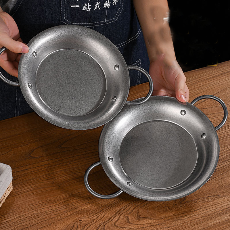 Korean Frying Pan Stainless Steel Frying Pan with Double Handle Cooking Pot Seafood Rice Pans Non Stick Skillet Kitchen Cookware