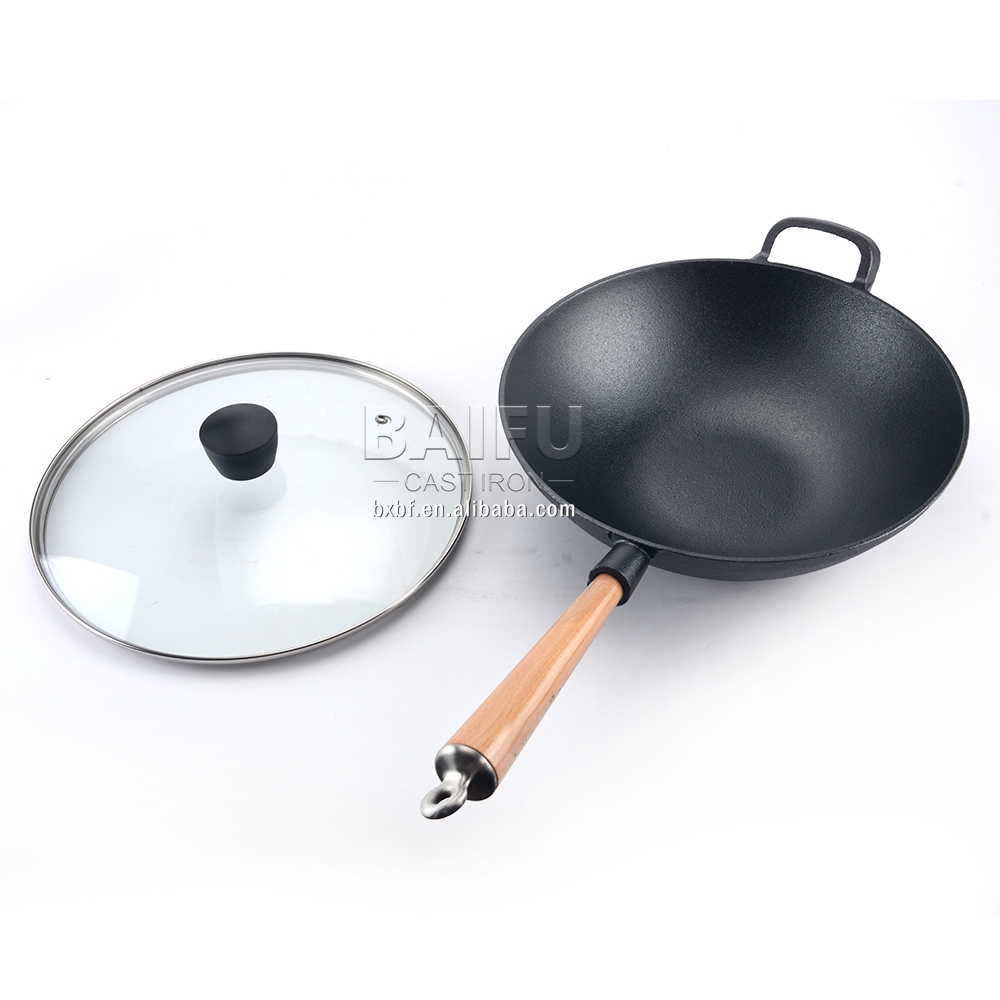 12" Wok with Helper Handle Large Wok Stir Fry Pan Flat Bottom with Wood Handle and Lid Cast Iron Wok Pan
