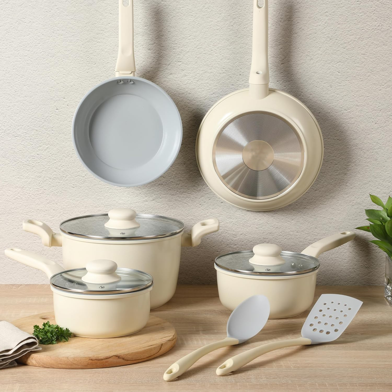 ODM/OEM 10-Piece Classic Forged Non-Stick Aluminum Cookware Set Glass Cover Soft Touch Plastic Handle PFAS/PFOA Healthy Durable