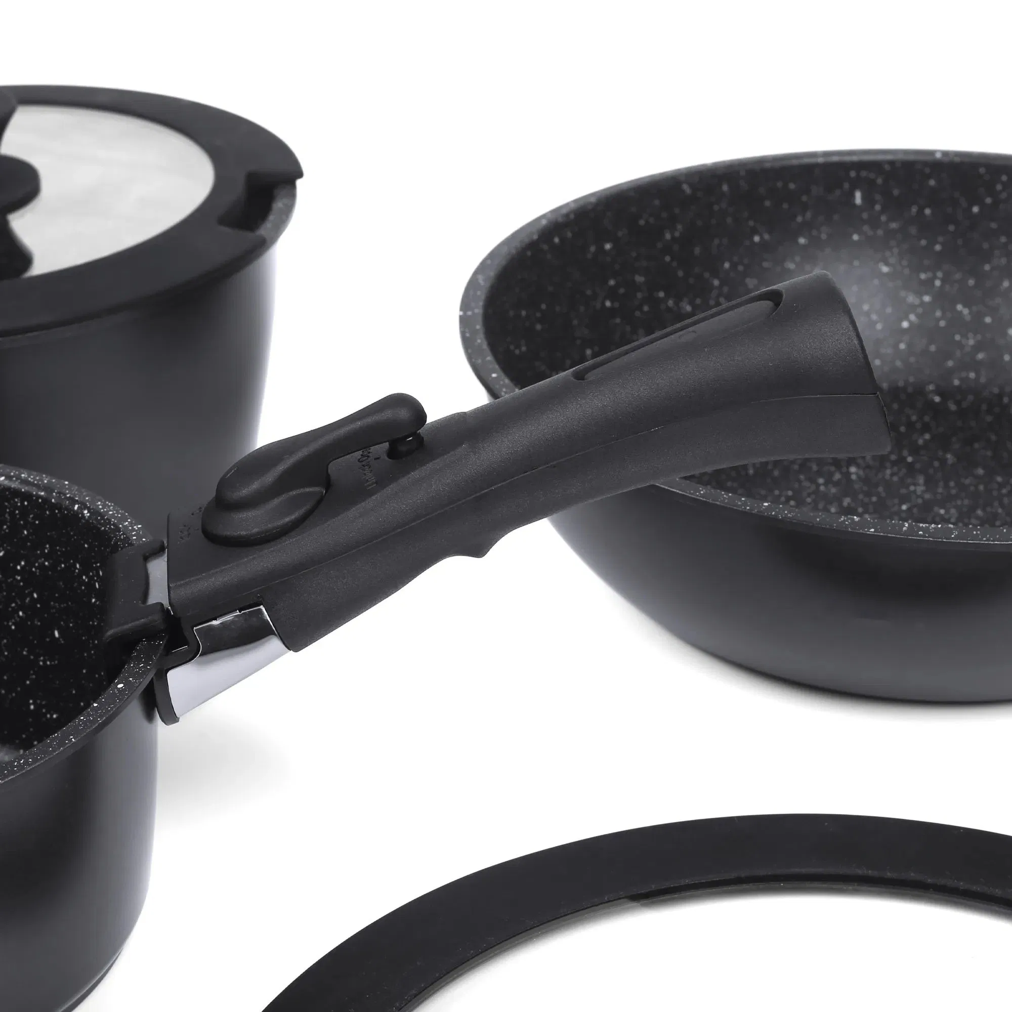 Wholesale New Design Forged Aluminum Cookware Set with Removable Handle Silicone Lid Nonstick Fry Pan for Soup Ceramic Metal