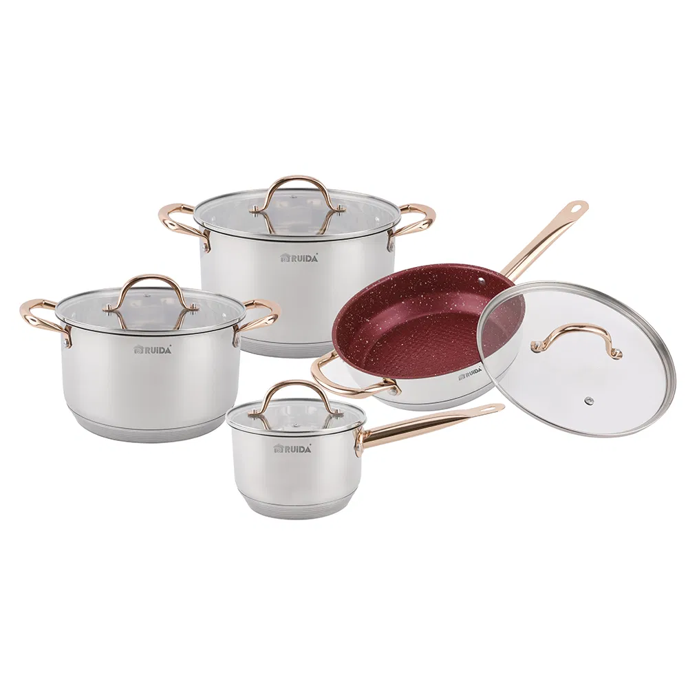 Stepped and Rolled Edge 8PCS Straight Bottom Copper Handle Cookware Set