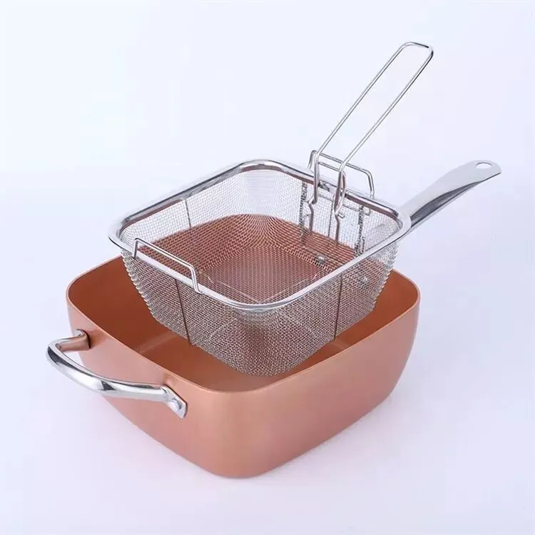Copper-Color Aluminum Alloy Square Soup Pot Non-Stick Kitchen Soup Square Soup Pot Cookware with Basket
