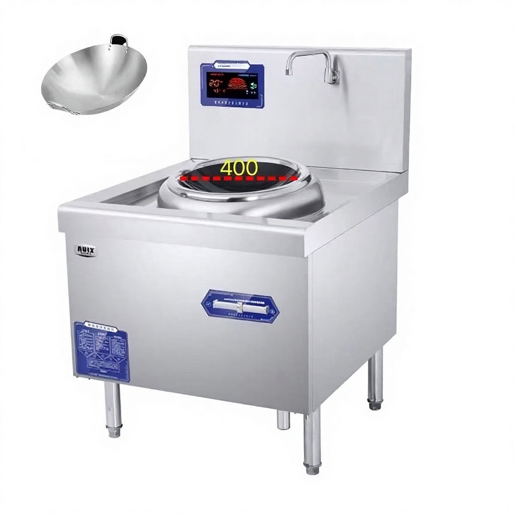 RUIX MC-XC15C-00 15KW Stainless Steel 380V Stand-Alone Commercial Induction Wok 400mm with Faucet for Chinese Restaurant