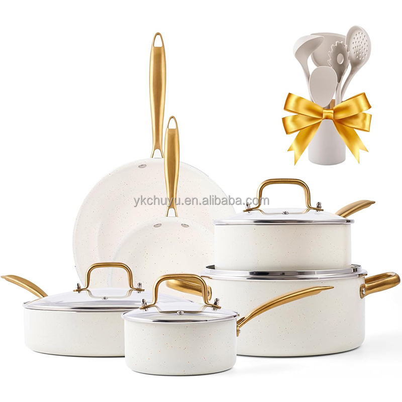 Professional Luxury Green 16pieces Gas German Aluminum Ceramic Non Stick Kitchen Pans Cookware Sets