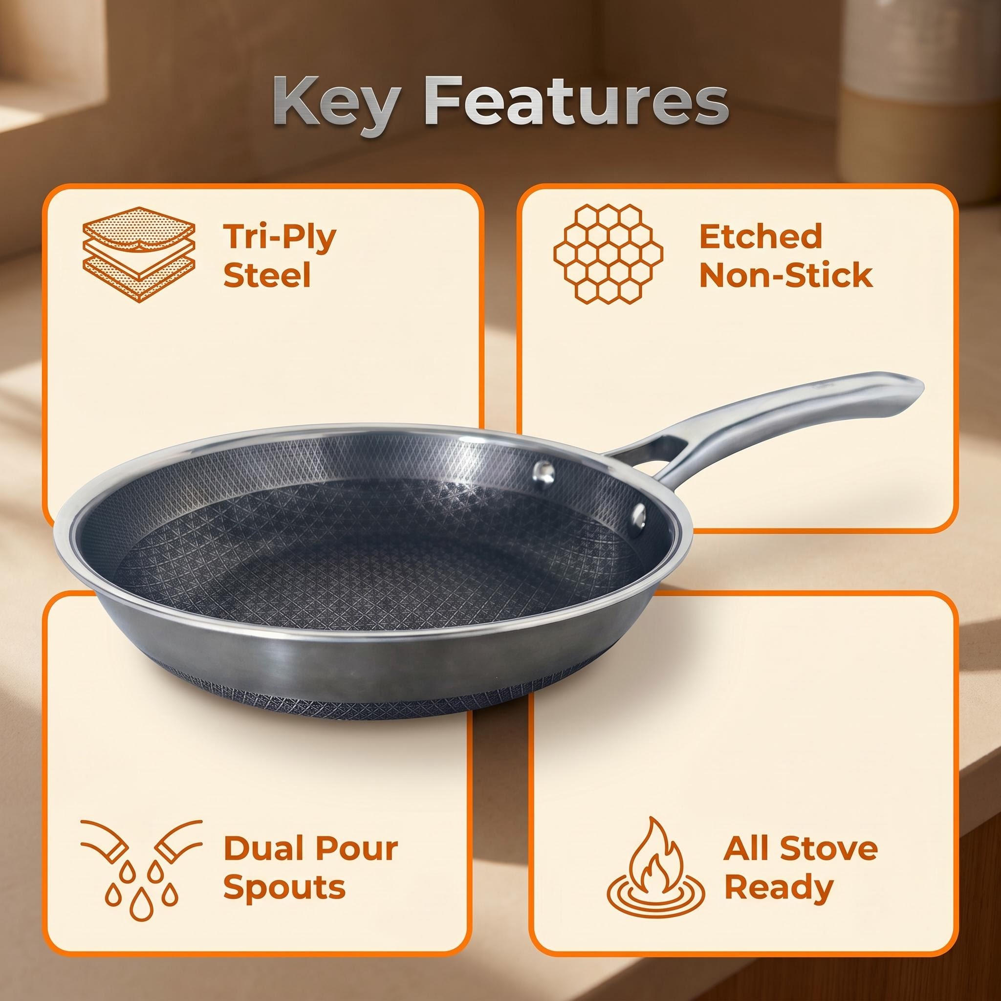 Hot Sale Custom Brand 304 3-Ply Stainless Steel Non Stick Double-sided patterned Frying Pan With Handle