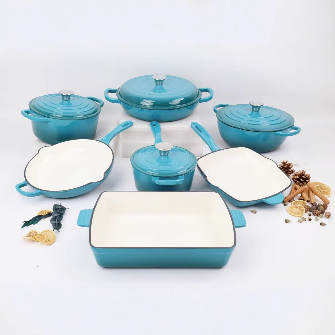 7-Piece Enameled Cast Iron Dutch Oven Set Multi-Color Cast Iron Cooking Pot OEM Wholesale Kitchen Cookware for Home Restaurant