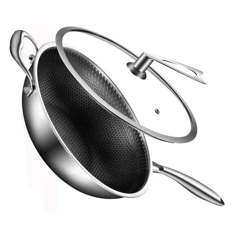 Stainless Steel WhitFord Xylan Plus Coating Honeycomb Pattern Coating Deep 9.5 cm Height Lid Frying Wok Pan Non Stick