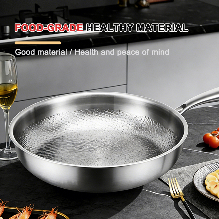 26/28/30cm No Coating Non Sticky Fry Pan Kitchen Cooking Food Grade Stainless Steel Titanium Hammered Frying Pan With Lid