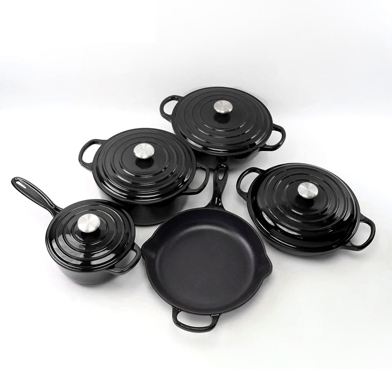 Enameled Cast Iron Dutch Oven Cooking Pot and Pan Cookware Set Hot Sale 5PCS Metal Brown Box Classic Sustainable with Pot Cover