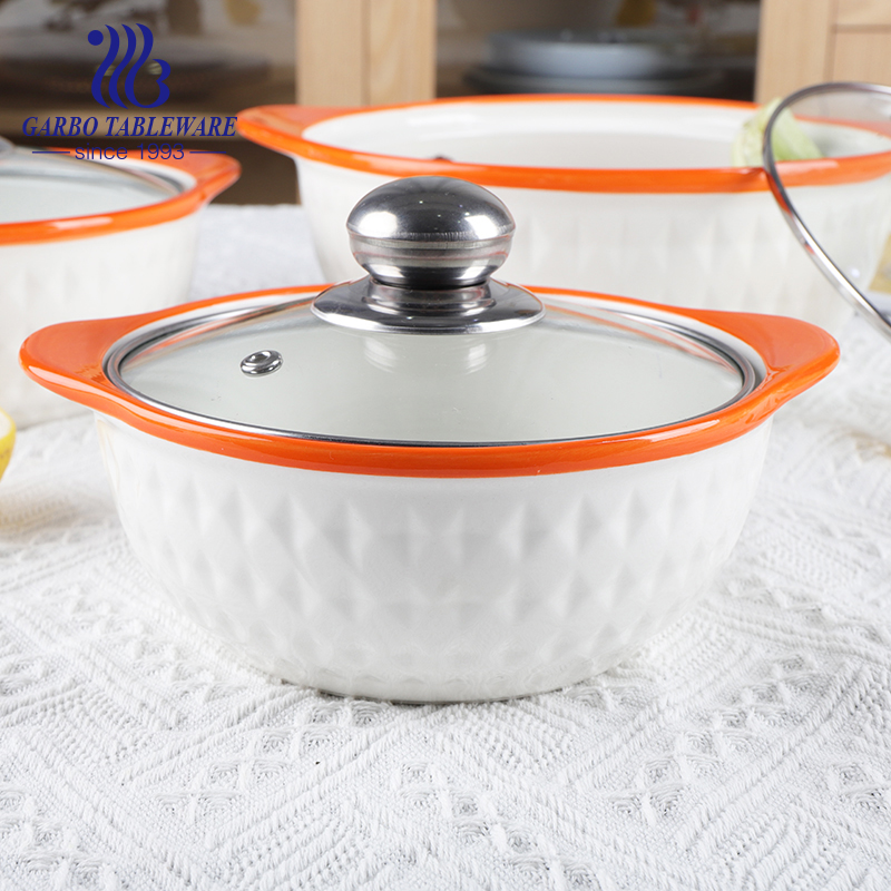 Ceramic Baking Bowl with Handle Glass Lid Covered Baking Casserole Dish Set Durable Porcelain Pan Round Cookware Casserole
