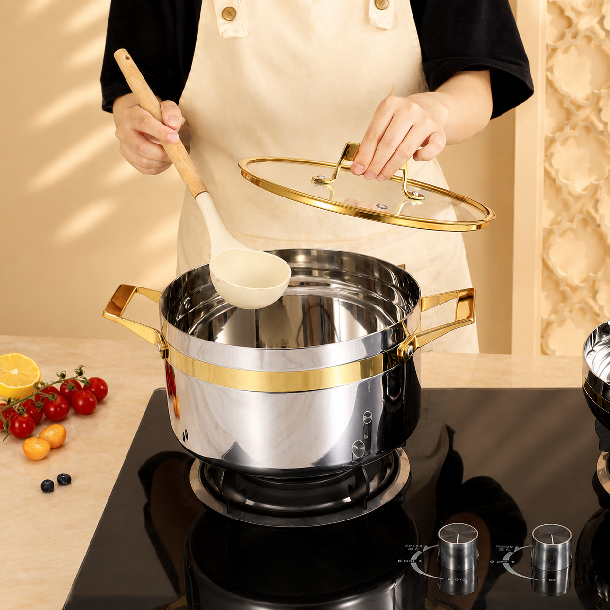 10 Piece Forged 304 Three-layer Stainless Steel Non-Stick Cookware Set Modern Classic Black Premium Handle Induction Gas