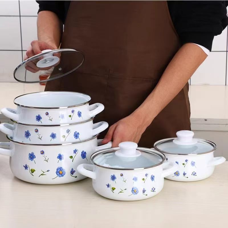 Classic Cast Iron Enamel Cookware Set with Glass Cover Composite Handles Induction Compatible Eco-Friendly for Camping &amp; Parties