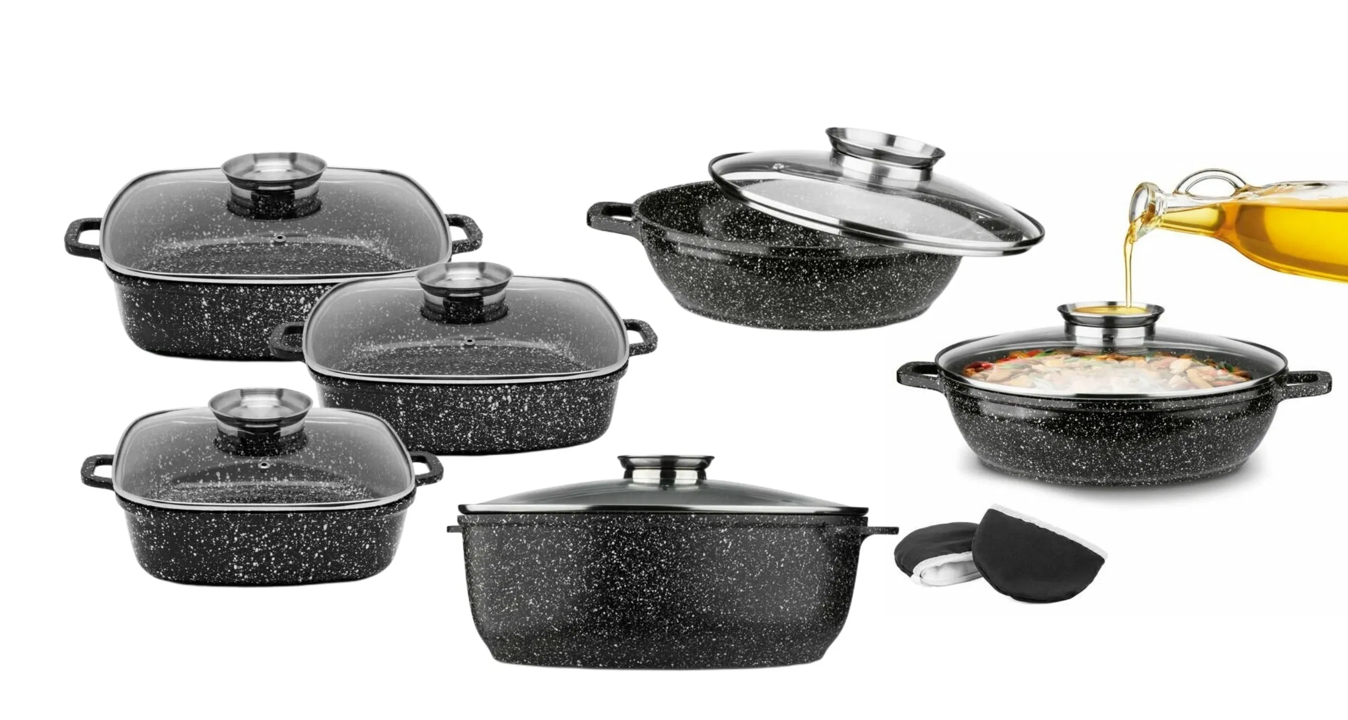 Die Cast Aluminium Roaster Casserole Stone Marble Coating with Aroma Knob Pots and Pans Cookware Set with Induction Bottom