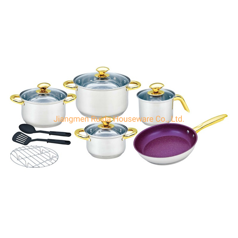 New Arrival Knob in Egg Shape 5 Steps Bottom 12PCS Stainless Steel Cookware Set with Non-Stick Frypan