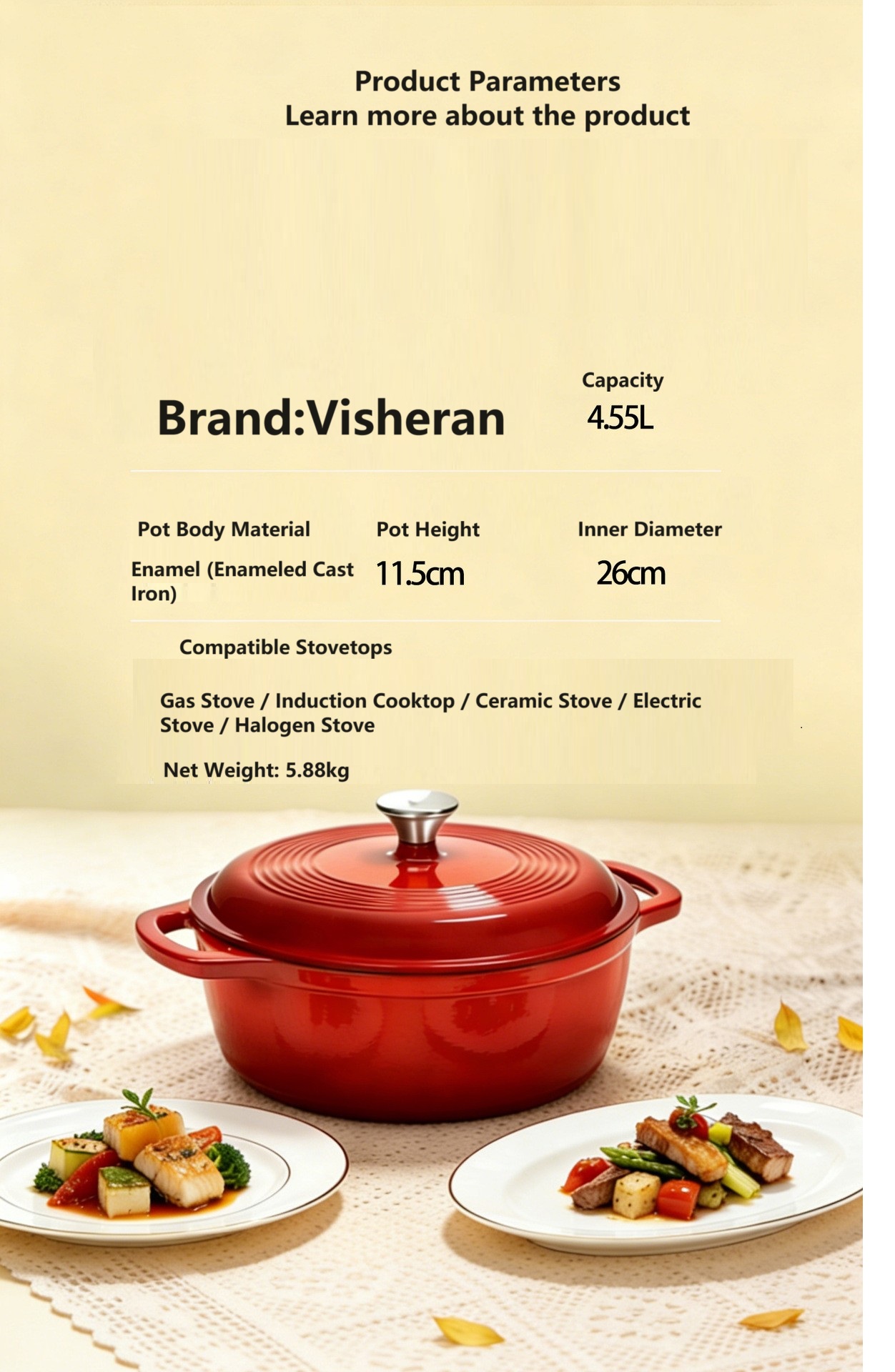 26cm Round Enamel Cast Iron Casserole Pot with Double Handles Durable Dutch Oven for All Stovetops