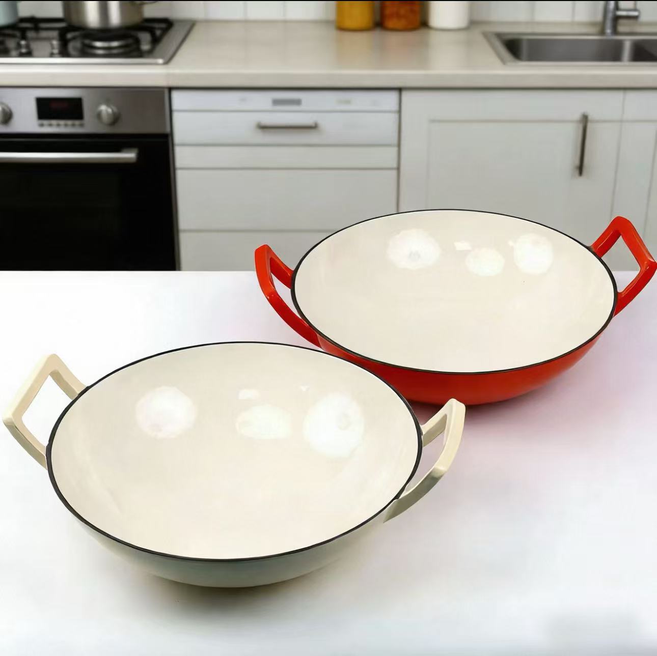 36cm Diameter Classic Cast Iron Enameled Frying Pan with Double Handles Stir-fry Wok Gas Cookware
