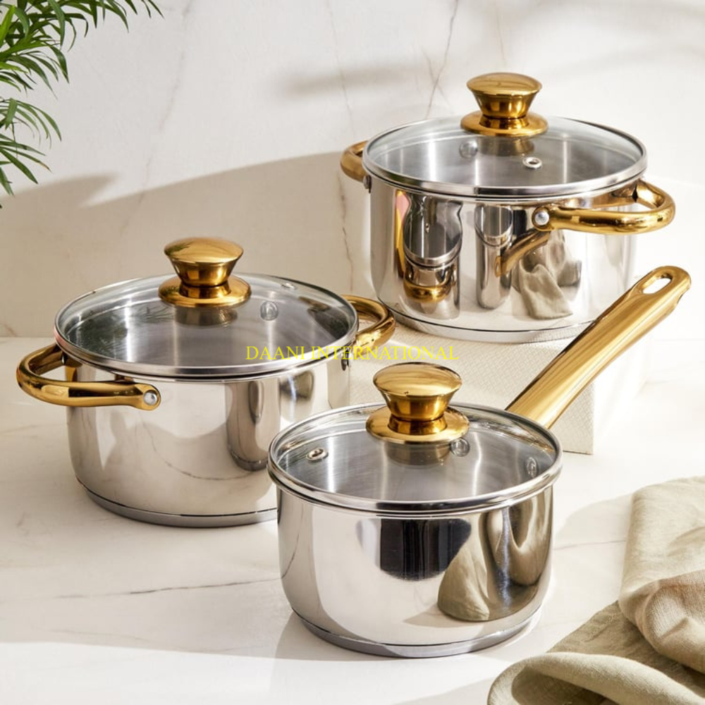Hammered Stainless Steel Cookware Set with Golden Handles Durable Pots and Pans Collection for Professional and Home Kitchens