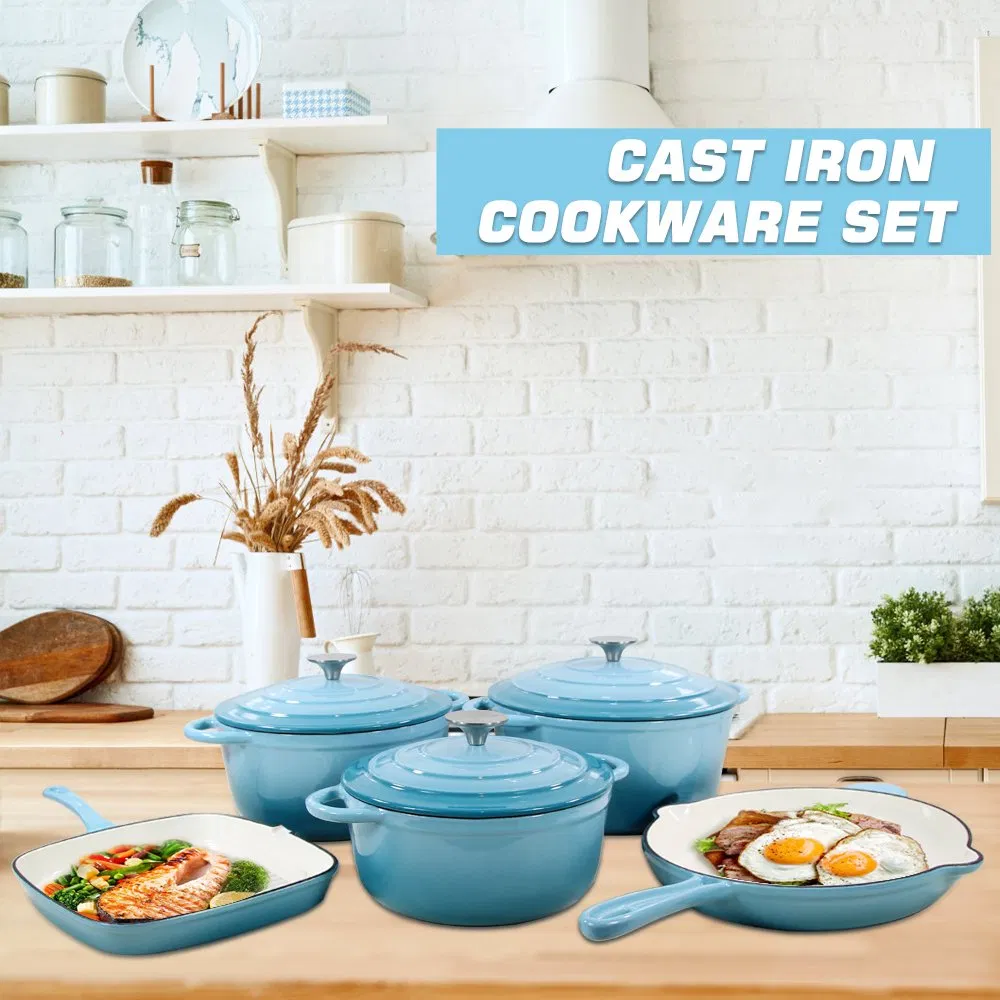 5PCS Teal Color Cast Iron Cooker Enamel Nonstick Cookware Set