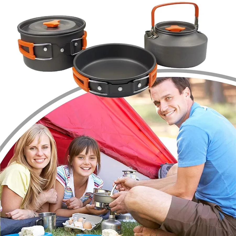 Hiking Equipment Outdoor Cooking Gear 3 Piece Cook-Set Camping Cookware Pots Backpacking Non-Stick Cooking for Outdoor Camping