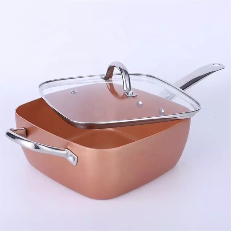 Copper-Color Aluminum Alloy Square Soup Pot Non-Stick Kitchen Soup Square Soup Pot Cookware with Basket