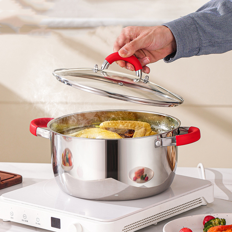 16 Pieces Stainless Steel Pot Set with Red Silicone Handle Non Stick Cookware