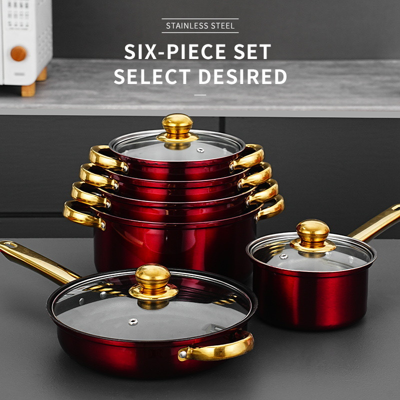 6-Piece Eco-Friendly Stainless Steel Non-Stick Cookware Set PotsIncludes Frying Pan Glass Pink Casseroles Soup Stock