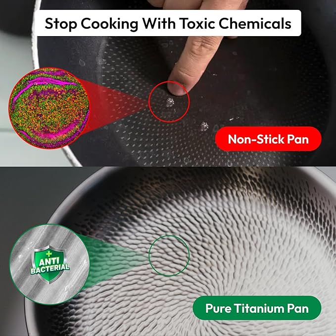 20/24/26/28cm Cooking Frying Pan Non-stick Triply TitaniumPan No Coating Hammer Pattern Titanium Pan with Lid