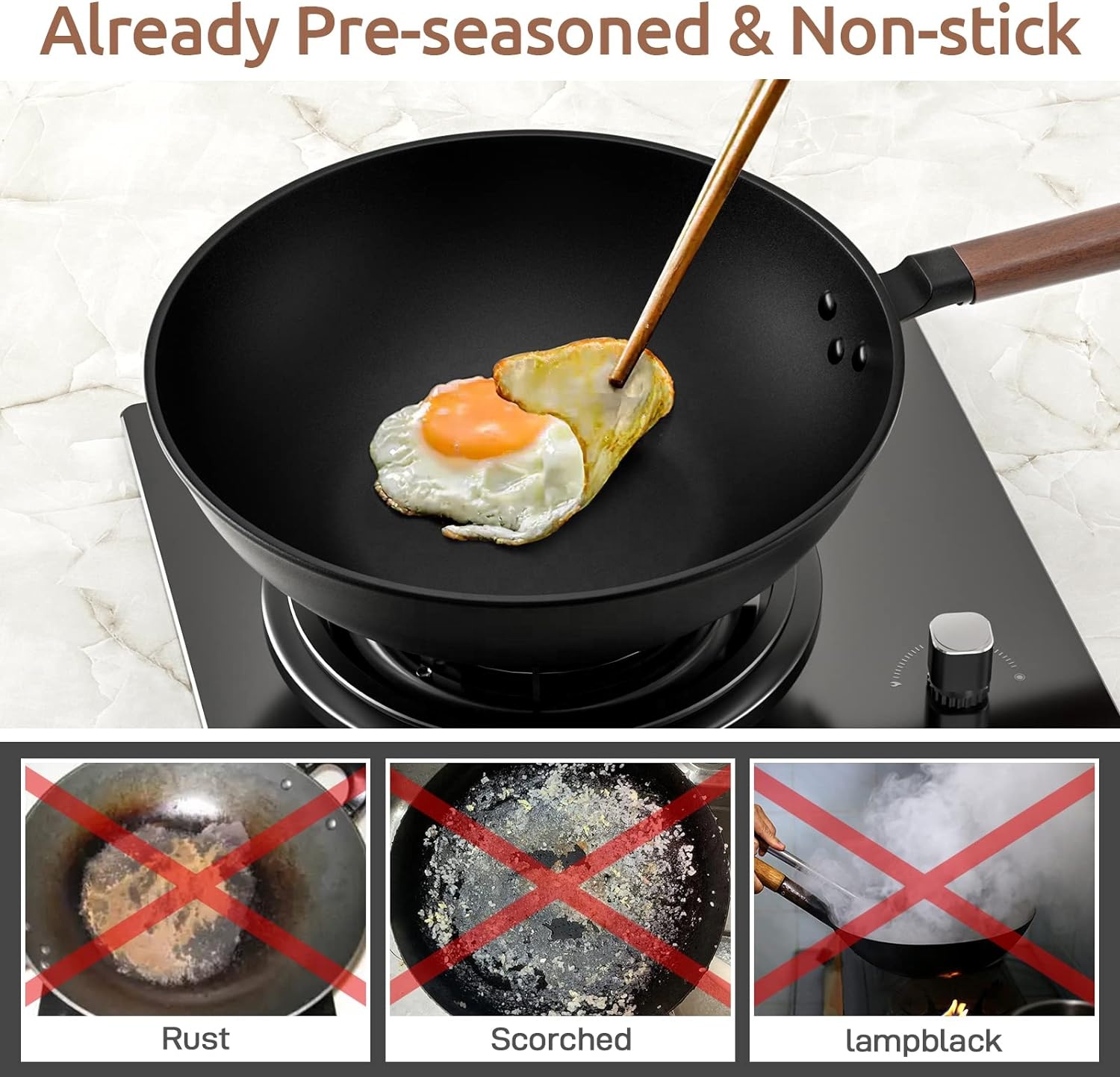13-Inch Wholesale High Quality Stir-Fry Pans No Chemical Coated Cookware Carbon Steel Wok Pan Non-Stick With Lid Woks