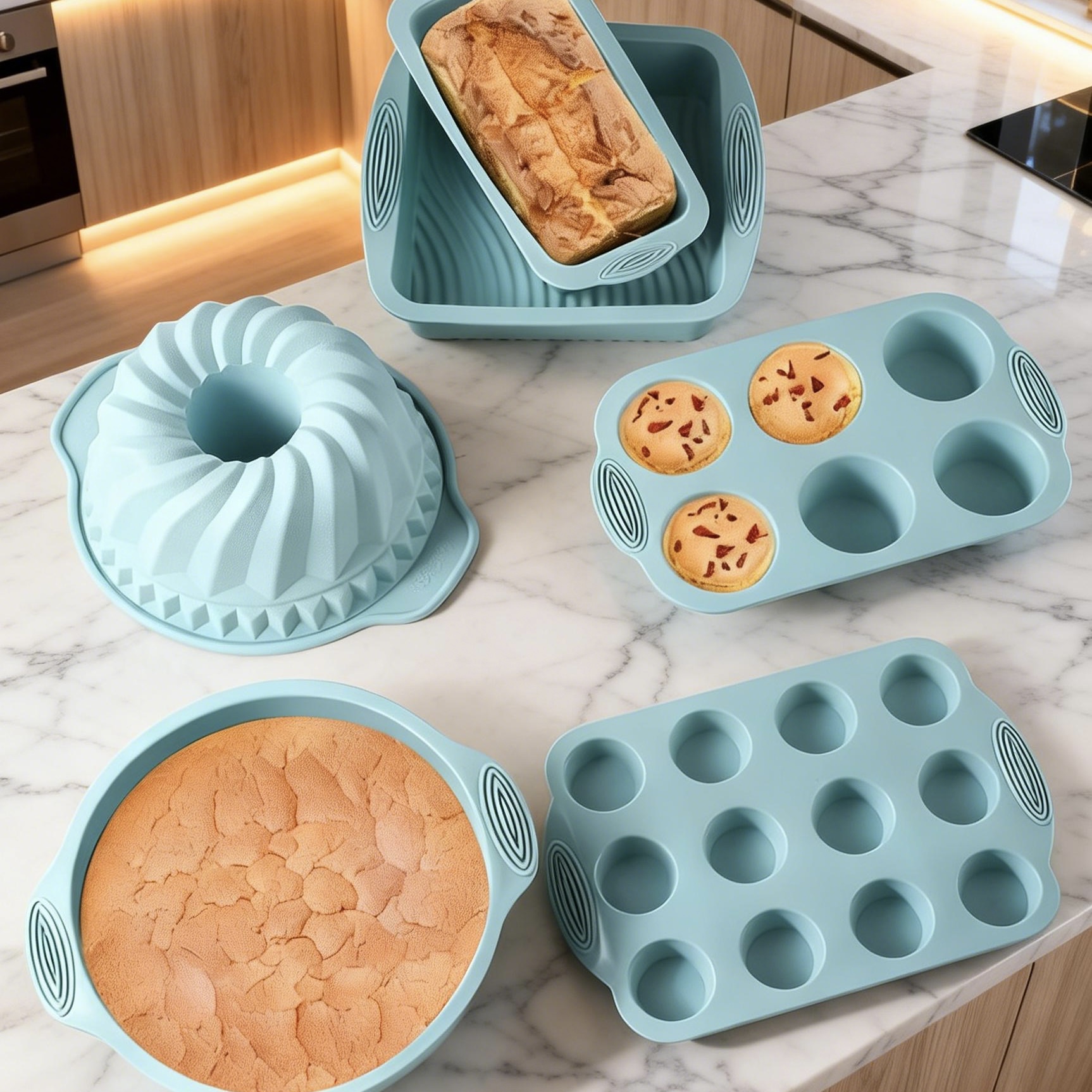 6pcs Foldable Silicone Non-Stick Oven Safe Dishwasher Safe Bakeware Set Muffin Cake Toast Molds Baking Pizza Pan Cupcake Pastry