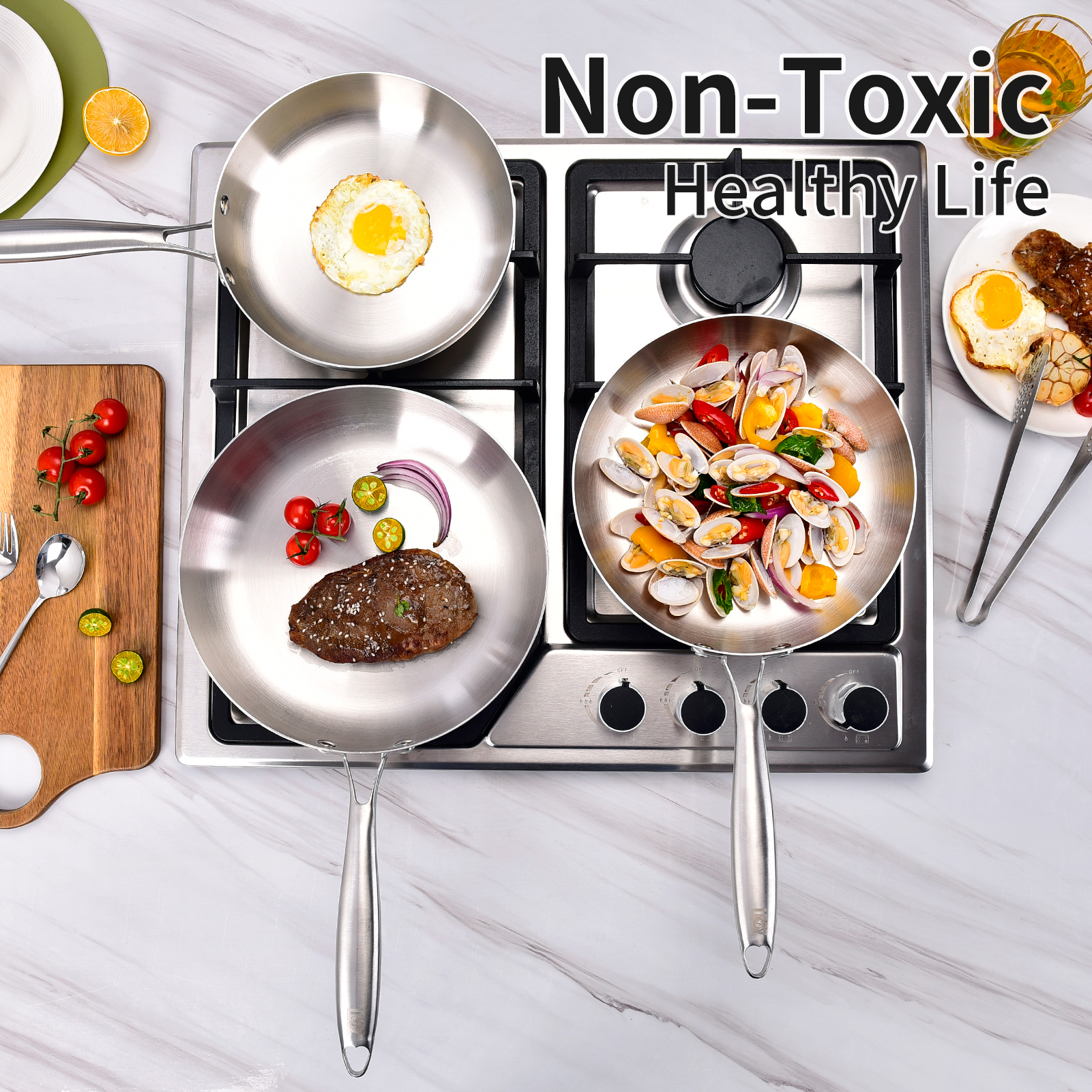 High Quality 304 Stainless Steel Frying Pan , Suitable for Frying Steaks, Eggs, and Pancakes