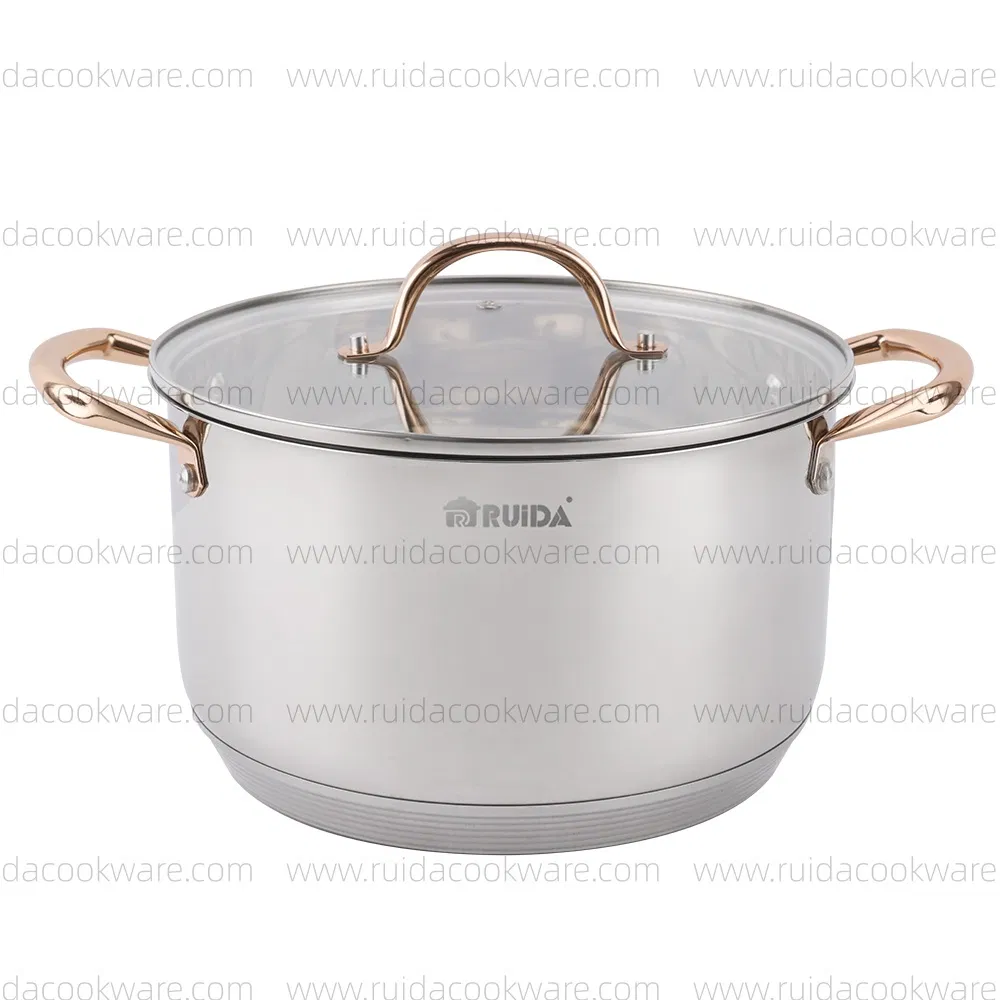 8PCS Cookware Set Copper Handle Flat Glass Lid Red Coating Frypan