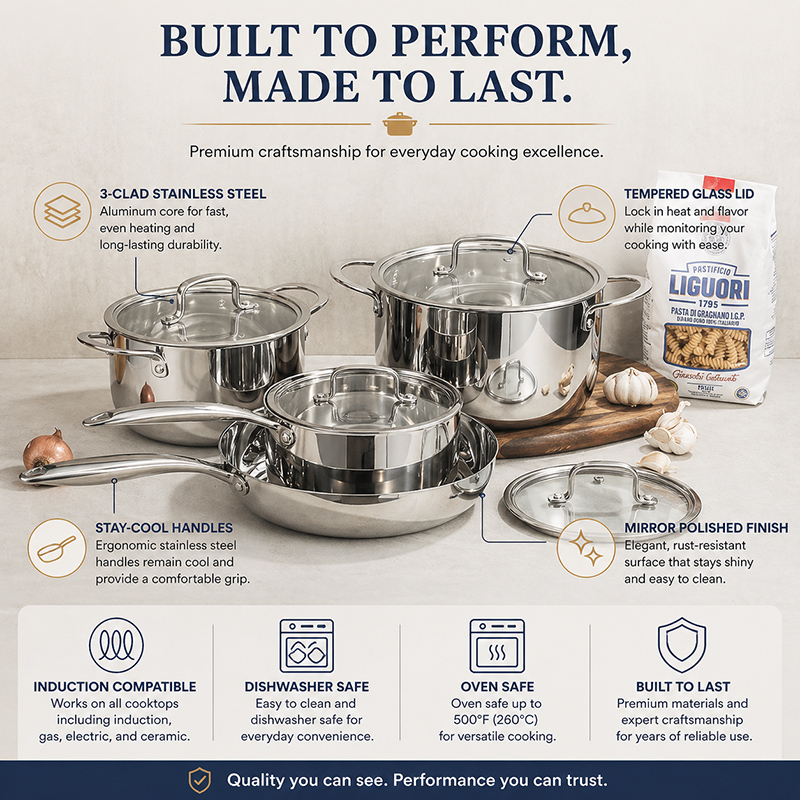 TIANXING 5 Ply Stainless Steel Cookware Set Premium Fully Clad Multi Ply Pots and Pans Heavy Duty Professional Restaurant Supply