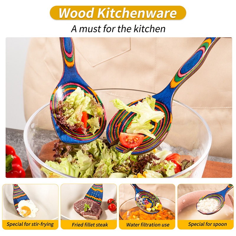 Blue Pakka Wood Utensils Set of 7 Eco-Friendly Kitchen Cookware with Acacia Wood Handle New Design