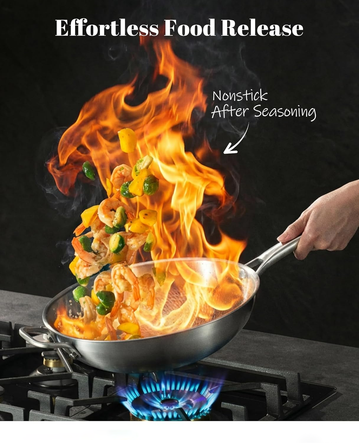 Titanium Wok Pan with Glass Lid, PFAS Free Pure Titanium Hammered Pro Pans, Kitchen Induction Compatible Stir Frying