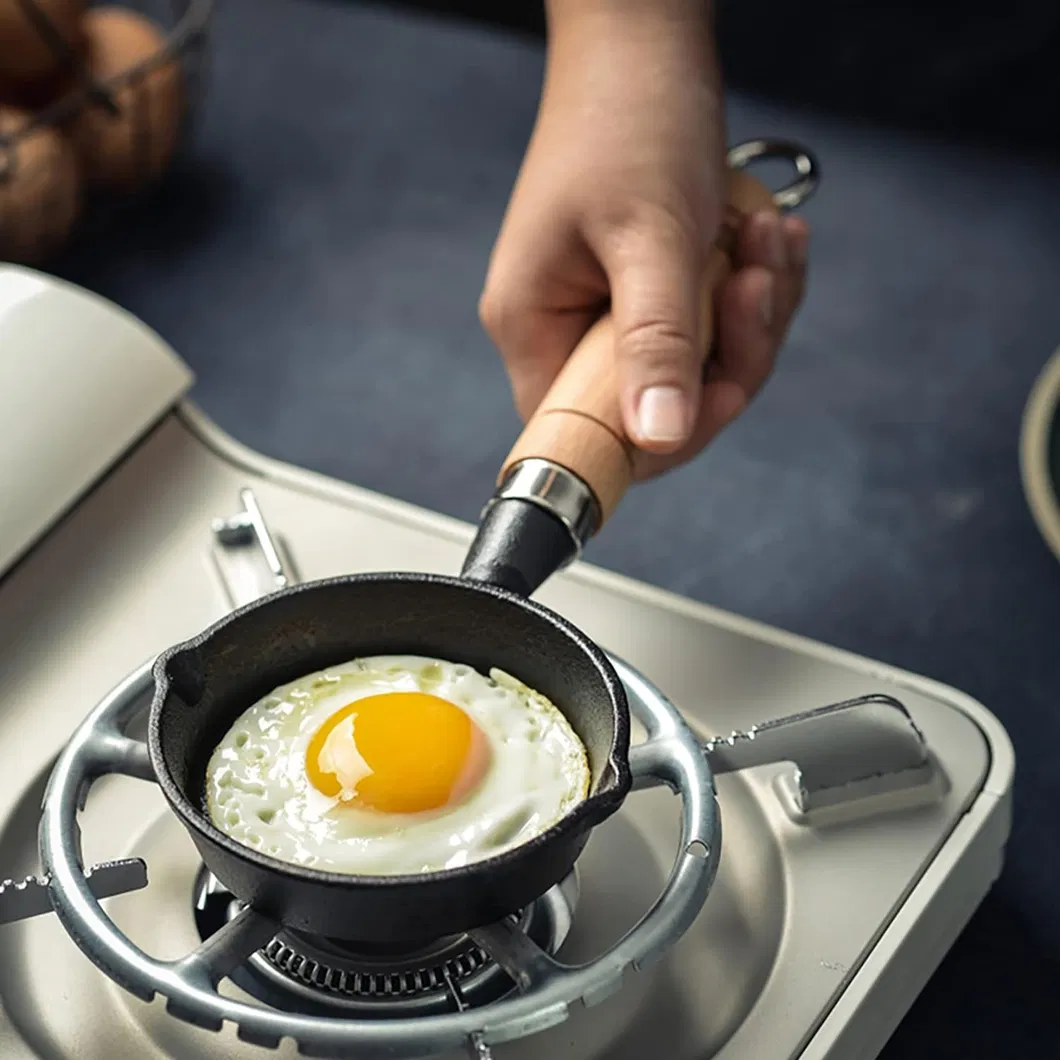 Small Oil Pan Mini Cast Iron Frying Pan Non-Stick Fried Egg Dumpling Pre-Seasoned Saucepan Wooden Handle