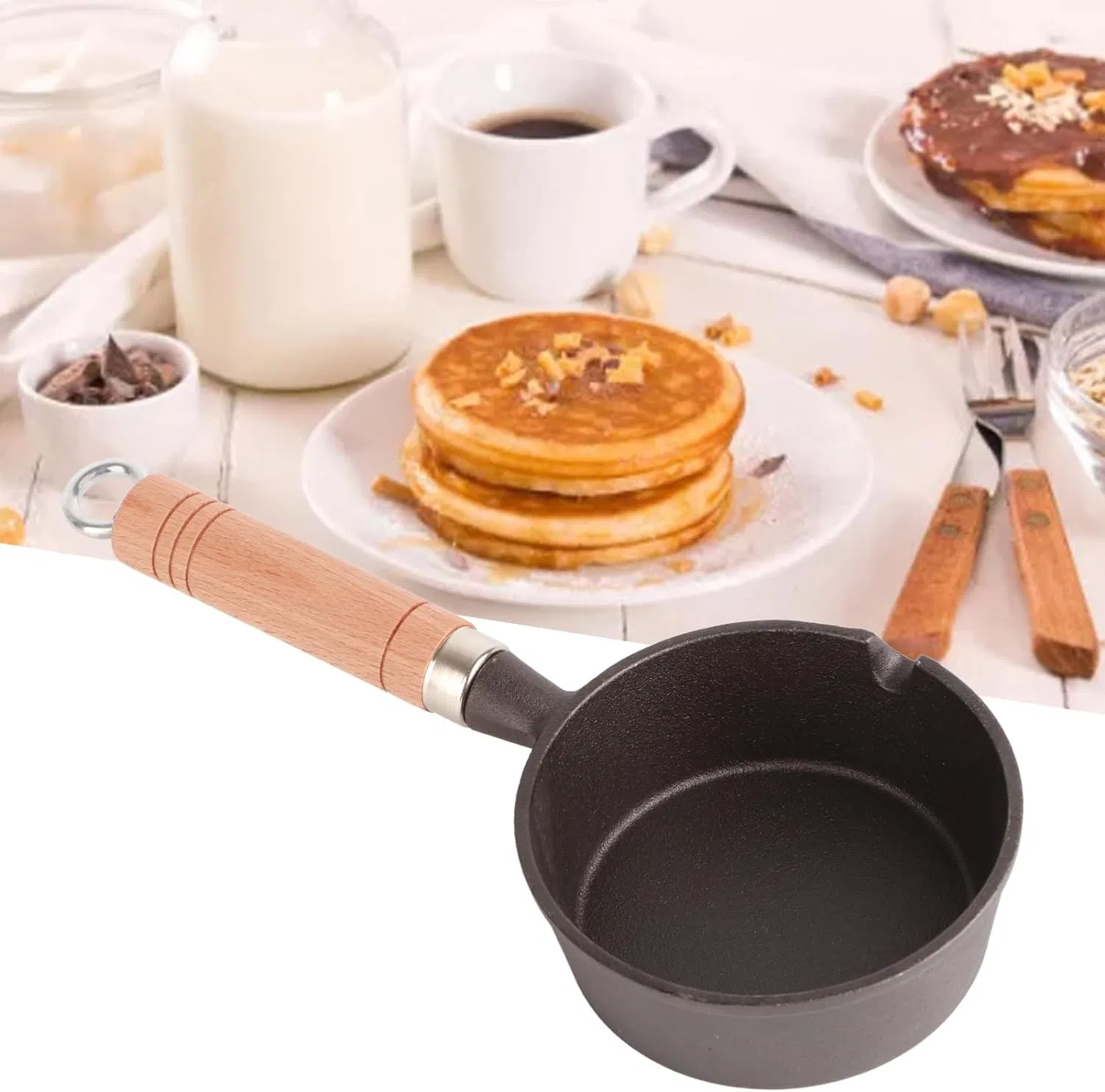 Small Oil Pan Mini Cast Iron Frying Pan Non-Stick Fried Egg Dumpling Pre-Seasoned Saucepan Wooden Handle