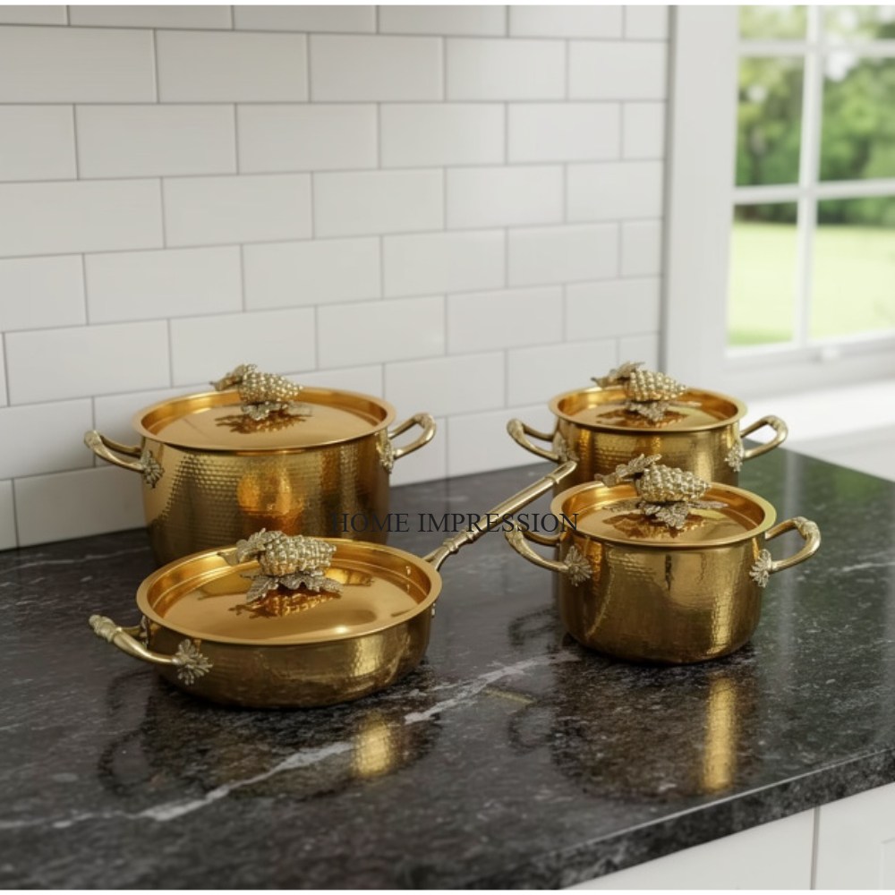 Premium Quality High Grade Gold Plated Modern Non-Stick Oven Safe Grapes Ornate Lids Luxury Stainless Steel Casseroles