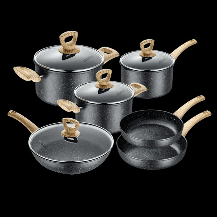 New Design Forged Aluminum Cookware Set with Wooden Soft Touch Handle with Induction Bottom