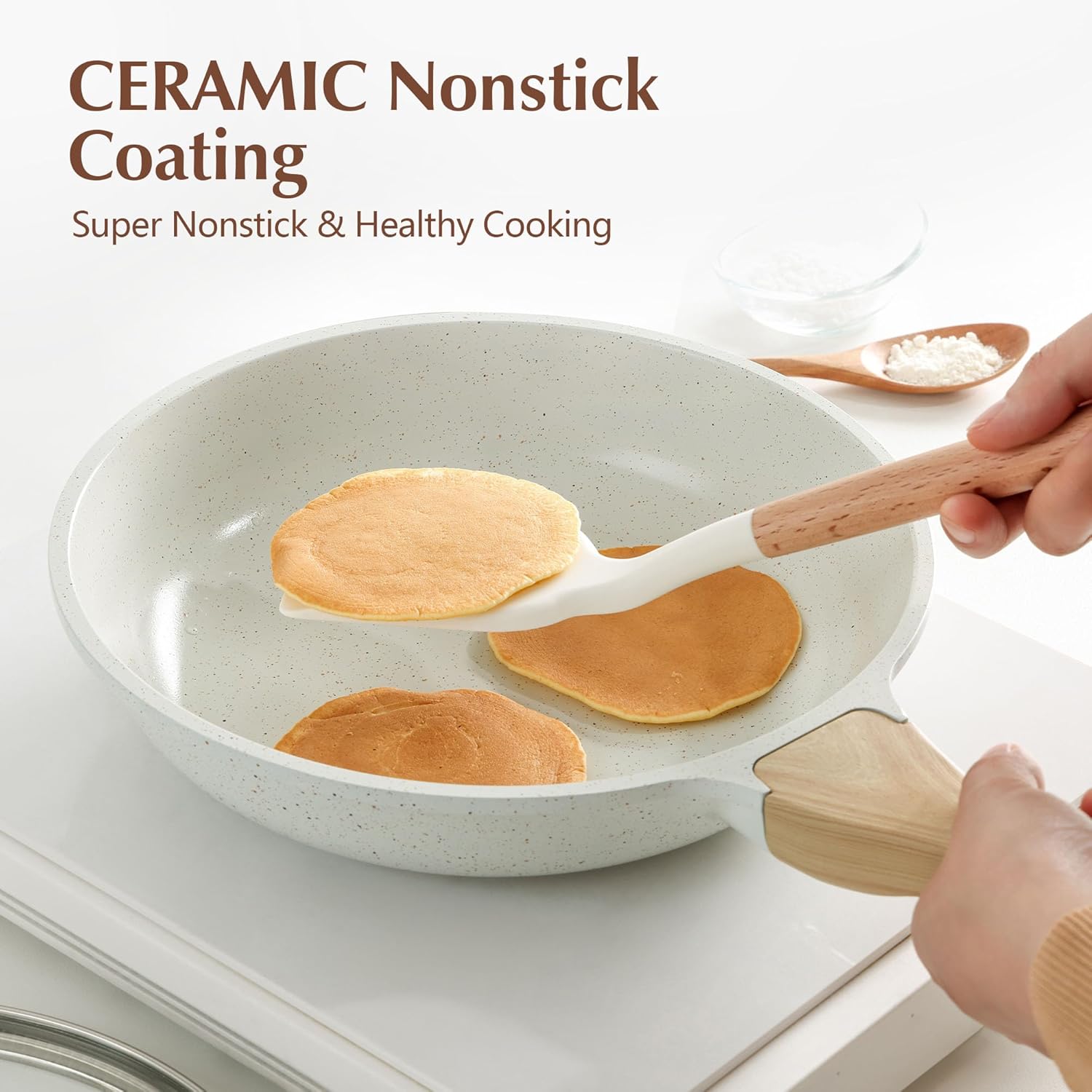 SENSARTE Nonstick Ceramic Frying Pan Skillet Set Glass Lid Induction Compatible Heat Resistant Plastic Handle 8-12.5 Inch Sizes