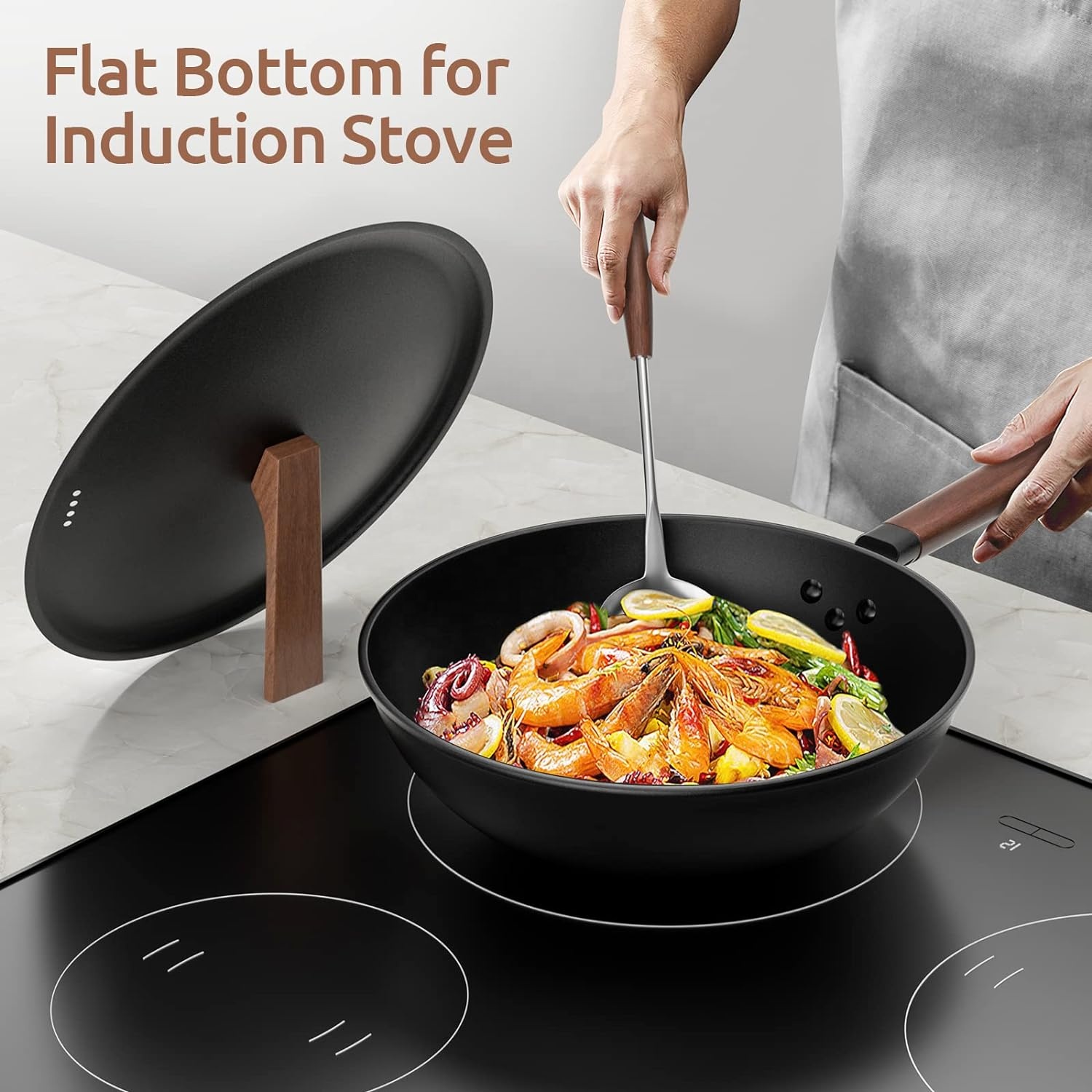 13-Inch Wholesale High Quality Stir-Fry Pans No Chemical Coated Cookware Carbon Steel Wok Pan Non-Stick With Lid Woks