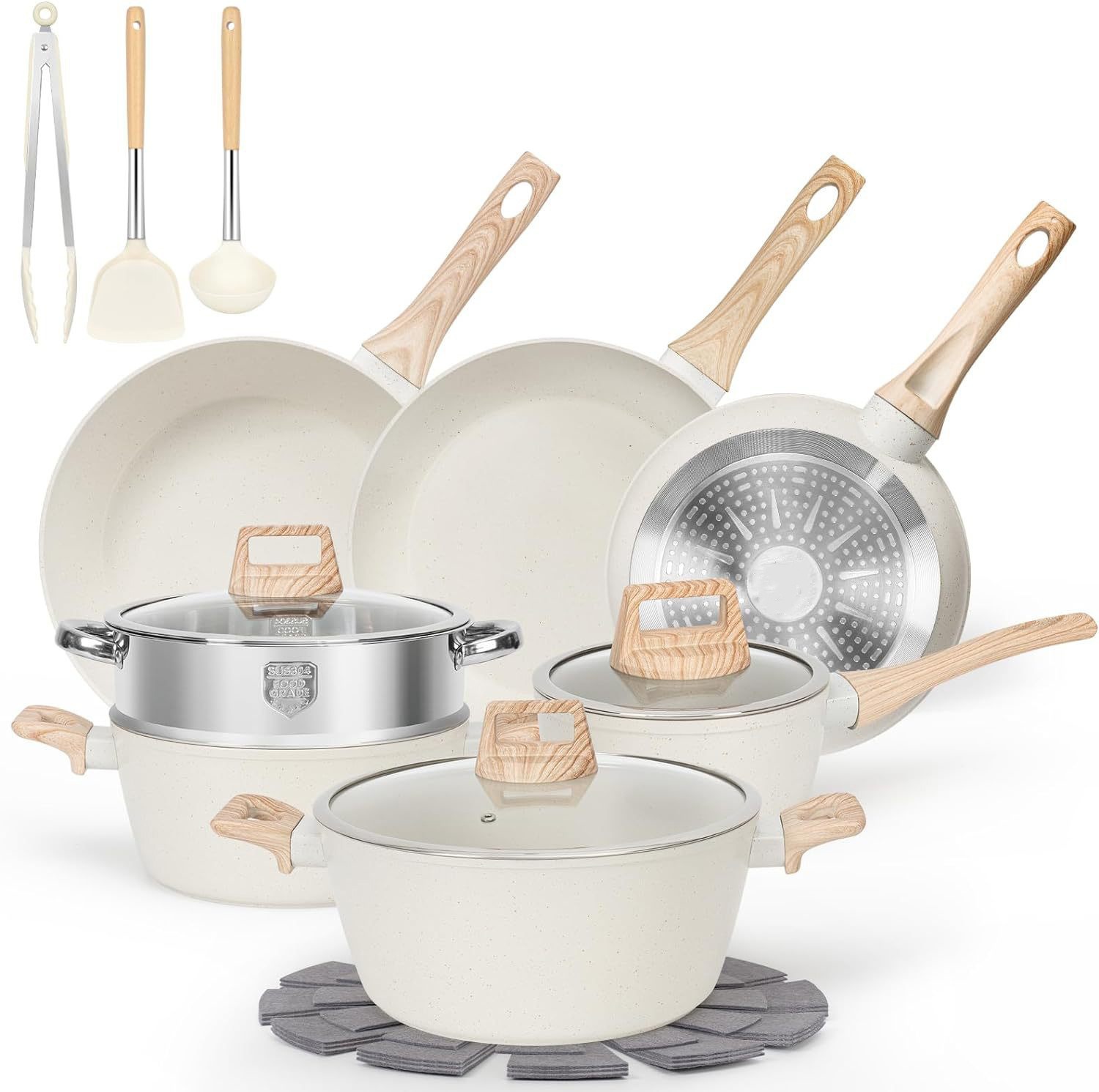 13-Piece Healthy Nonstick Ceramic Cookware Set with Double Bottom Non-Toxic Kitchen Cooking Pots Pans &amp; Silicone Utensil Tools