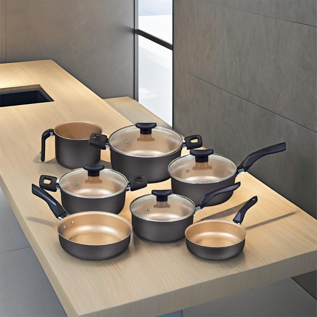 Factory-Direct Classic 11-Piece Durable Aluminum Pressed Healthy Non Stick Cookware Set with Glass Lids and Plastic Handles