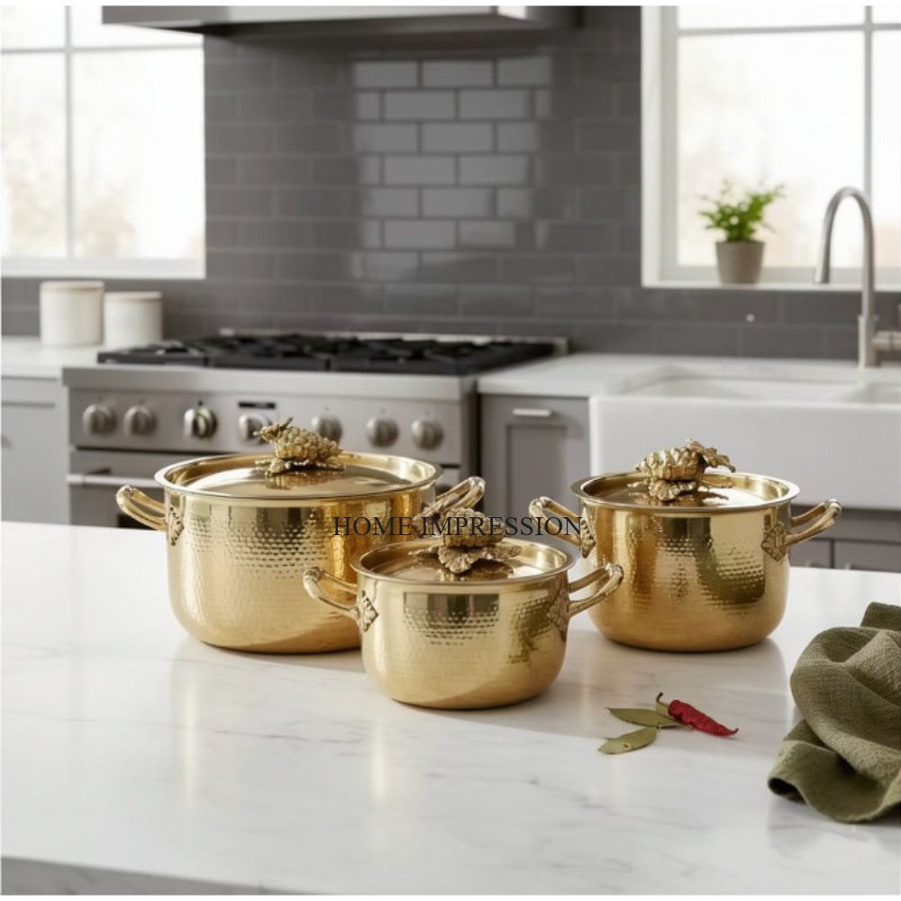 Premium Quality High Grade Gold Plated Modern Non-Stick Oven Safe Grapes Ornate Lids Luxury Stainless Steel Casseroles