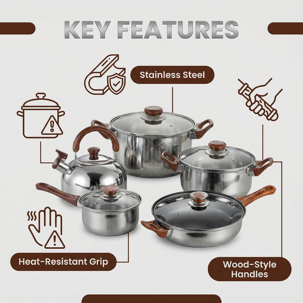Multipurpose 12-Piece Stainless Steel Non-Stick Cookware Set Universal Stove Compatibility for Commercial Home Use Modern Design