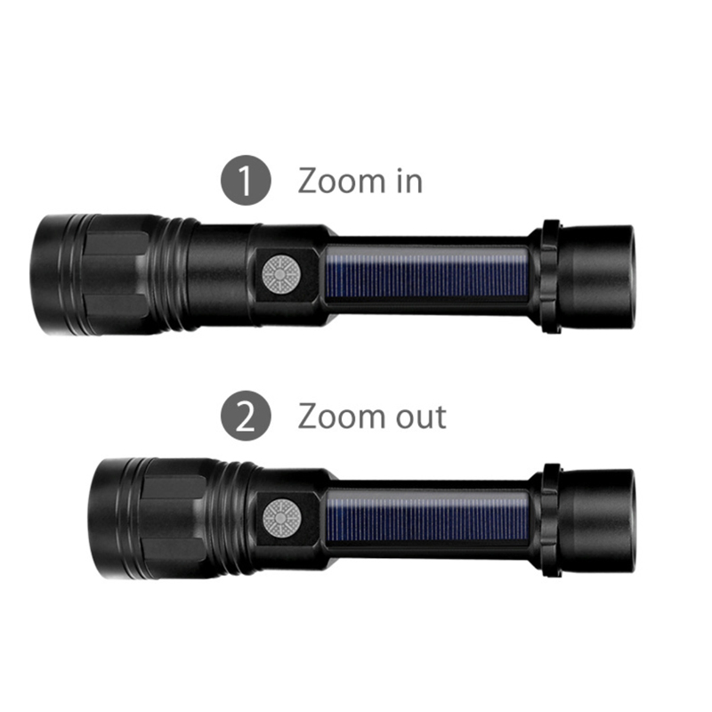 High Quality T6 LED Flashlight Torch Light Base Compass Adjustable Solar Powered Torch Lamp Hot Zooming Aluminum Flashlight
