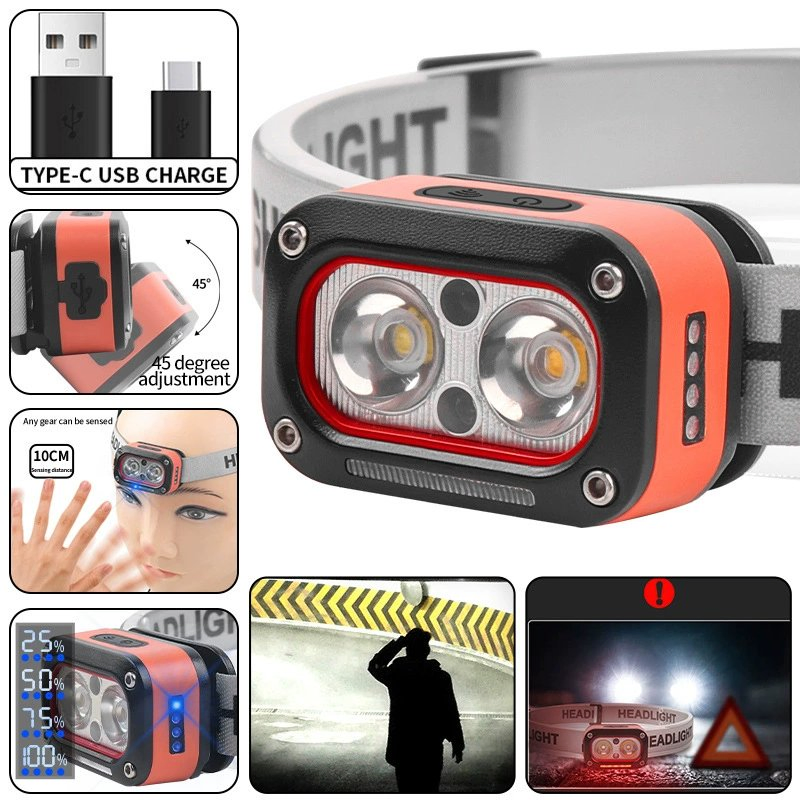 5 Work Modes LED Mini Portable Rechargeable waterproof Headlamp with Sensor Switch Battery Indication for Outdoor Camping Working